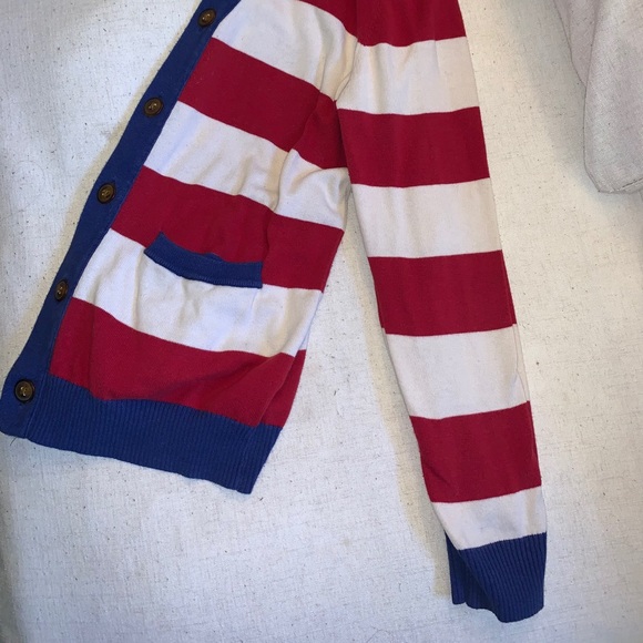Red, white, blue button up v-neck cardigan. - Picture 2 of 3